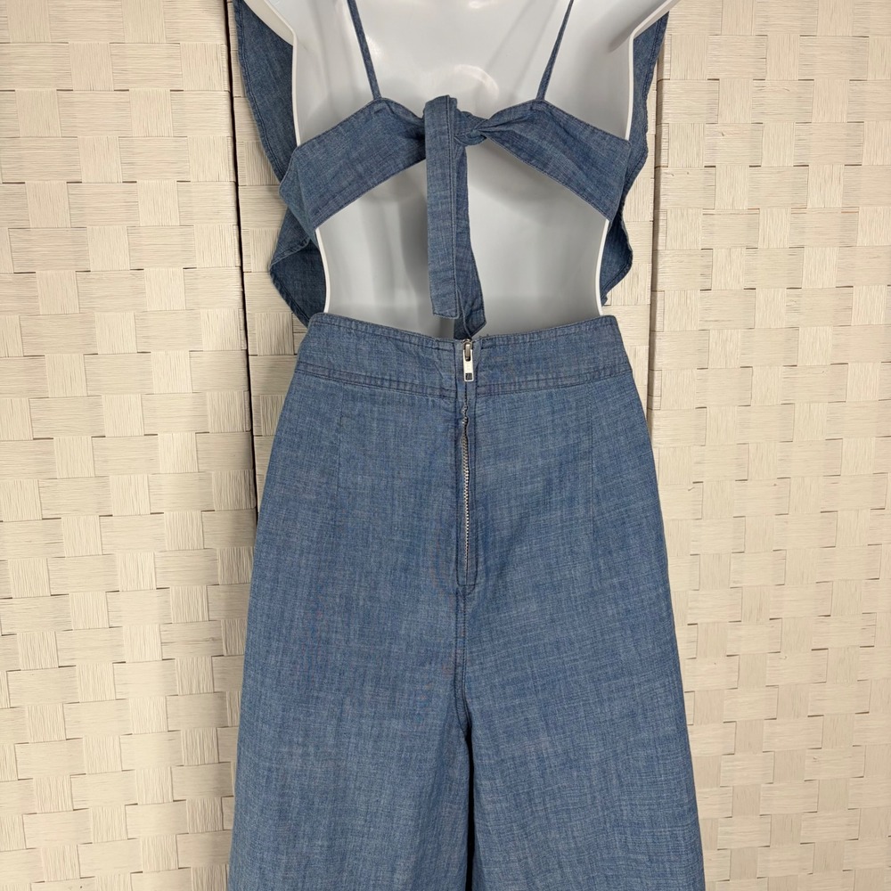Top Shop Jumpsuit Women Size 6 Blue Chambray Ruffle Open Back Wide Leg Cutout - Picture 8 of 10